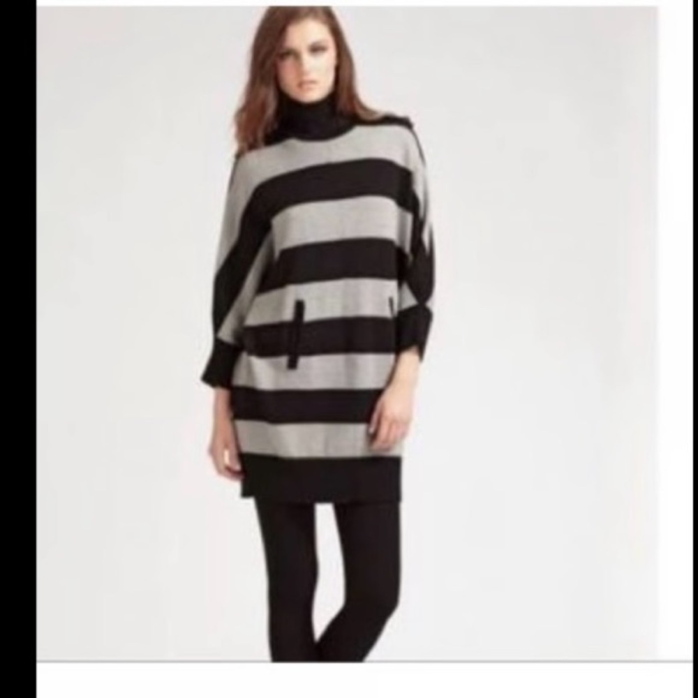 Tory Burch Merino Wool Sweater Dress L Black Gray Stripe Pockets‎ Dolman Sleeves